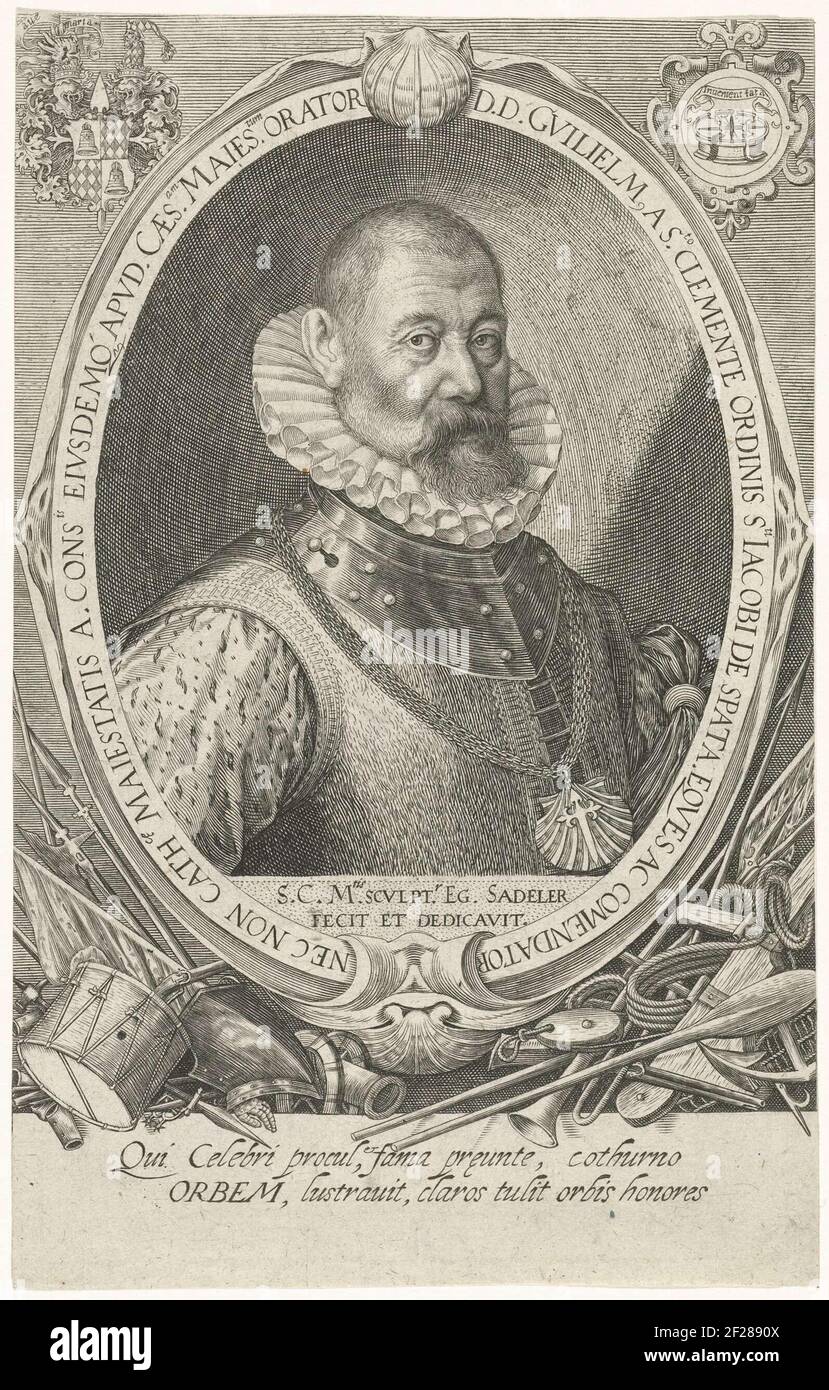 Guillén de San Clemente, ambasciatore spagnolo presso la Corte Imperiale di Rudolf II Tutti i tipi di armi e una didascalia latina sotto il ritratto. Foto Stock