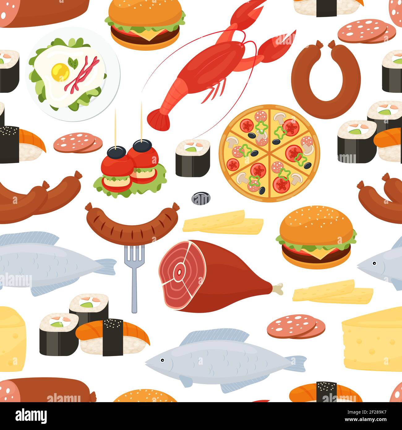 Modello senza giunture in stile piatto con vettore colorato sparso icone di carne arrosto aragosta sushi pesce salsiccia pizza uova formaggio e salame Illustrazione Vettoriale