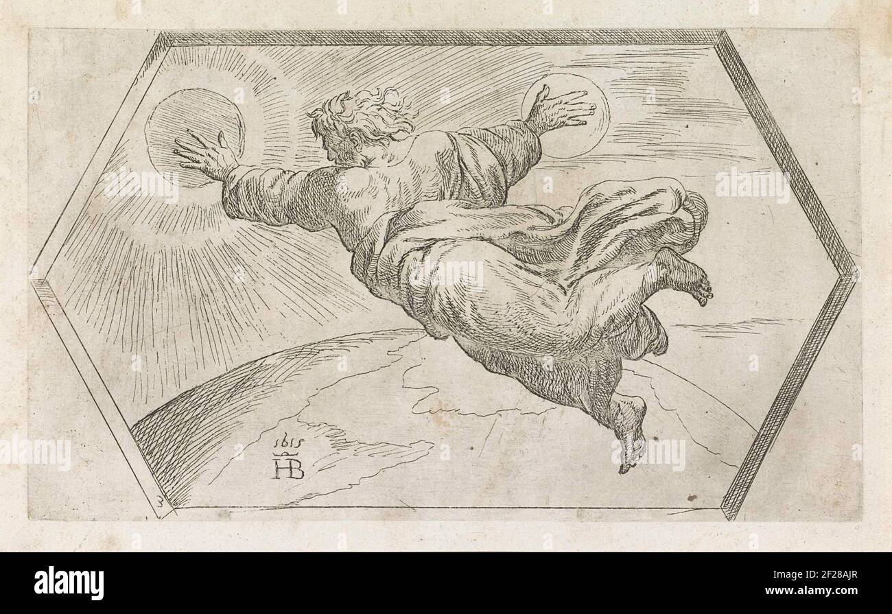 Dio schept de zon en de maan; Schilderingen in de Loggia van Rafaël.God, un vecchio uomo con barba, galleggia sopra la terra. Crea il sole con la mano sinistra. Crea la luna con la mano destra. Foto Stock