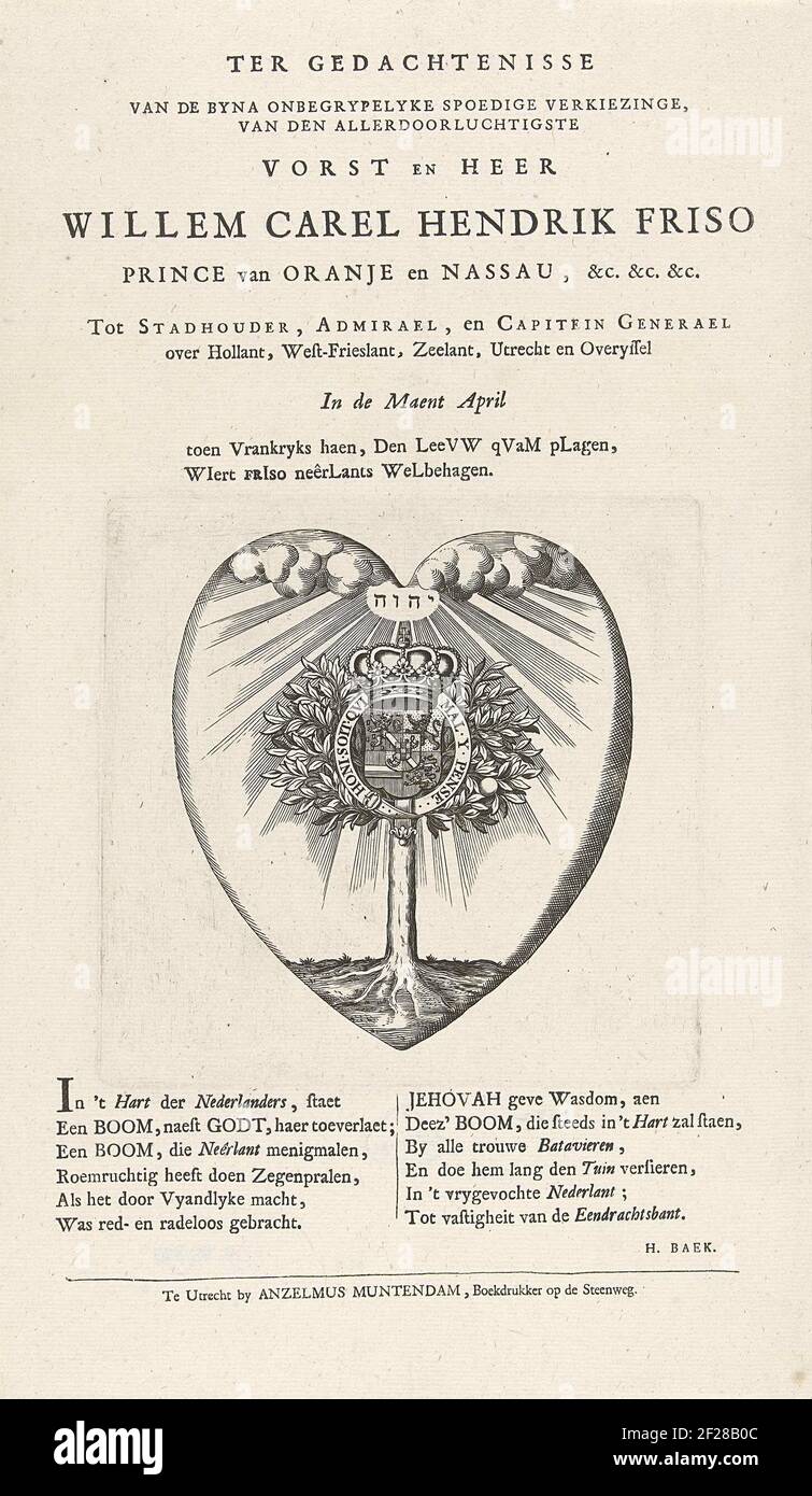 Emblema con l'arma di Willem IV nell'Oranjeboom, 1747; per il memoriale dell'elezione di Byna Inloypelyke, dal principe inferiore e dal Signore Willem Carel Hendrik Friso (...) a Stadholder, Admirael, E Capitein Generael su Hollant, West Frieslant (...) nel Maent aprile.theart ha modellato emblema con il corone di Armour Guglielmo IV nell'albero arancione con immondizia, aprile 1747. Sulla foglia sotto il piatto a fresco in due colonne. Foto Stock