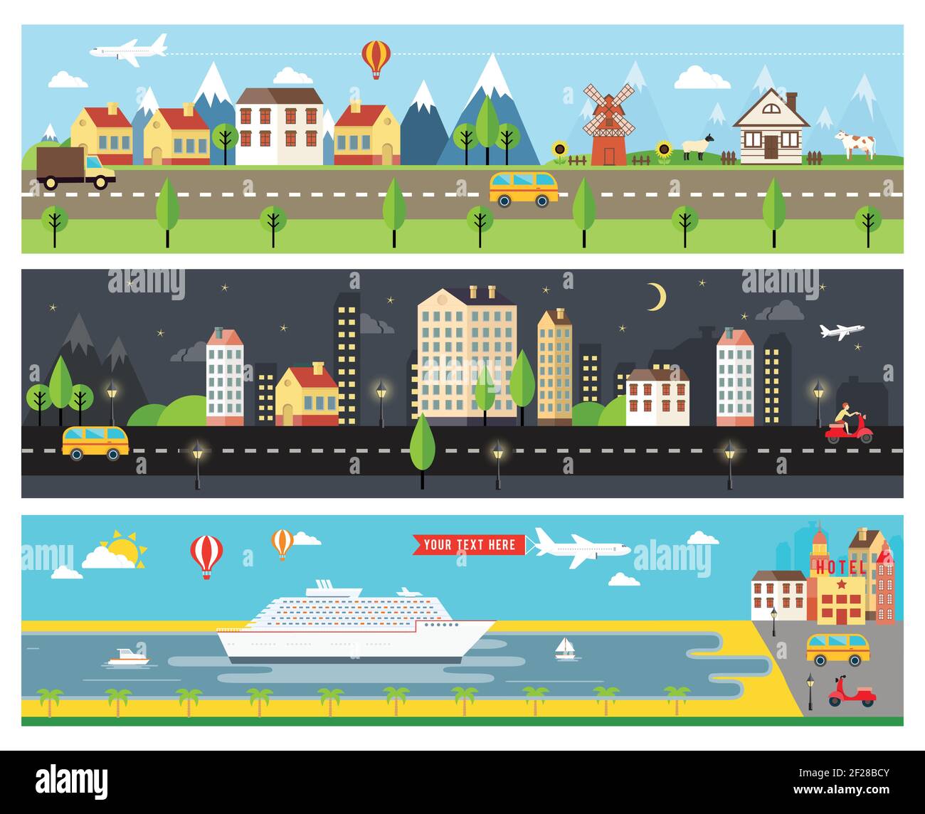 Bella vettoriale Cartooninizzato Città Landscape Banners per le pagine web Illustrazione Vettoriale