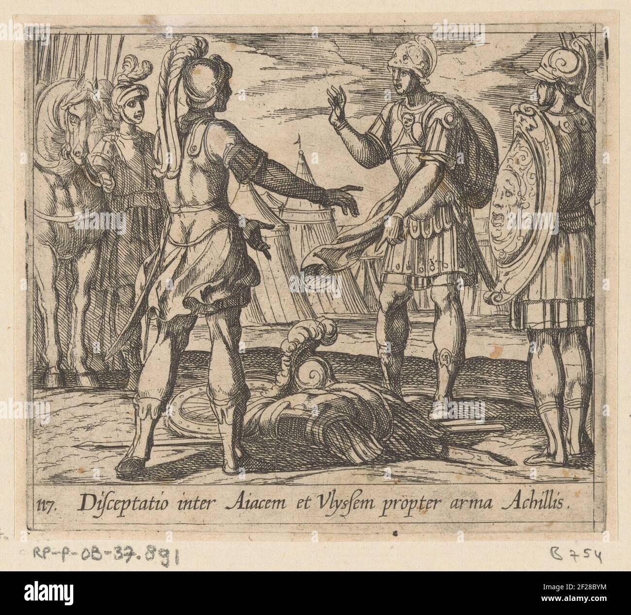 AJAX e Odysseus attorcigono le armi di Achille; Disceptatio Inter Aiacem et Ulyssem propter arma Achilles; Metamorphoseon sive Transformationum; Metamorphoses da Ovidius.odysseus e Ajax stanno combattendo contro l'armatura di Achille. Titolo in latino in undermarge. Foto Stock