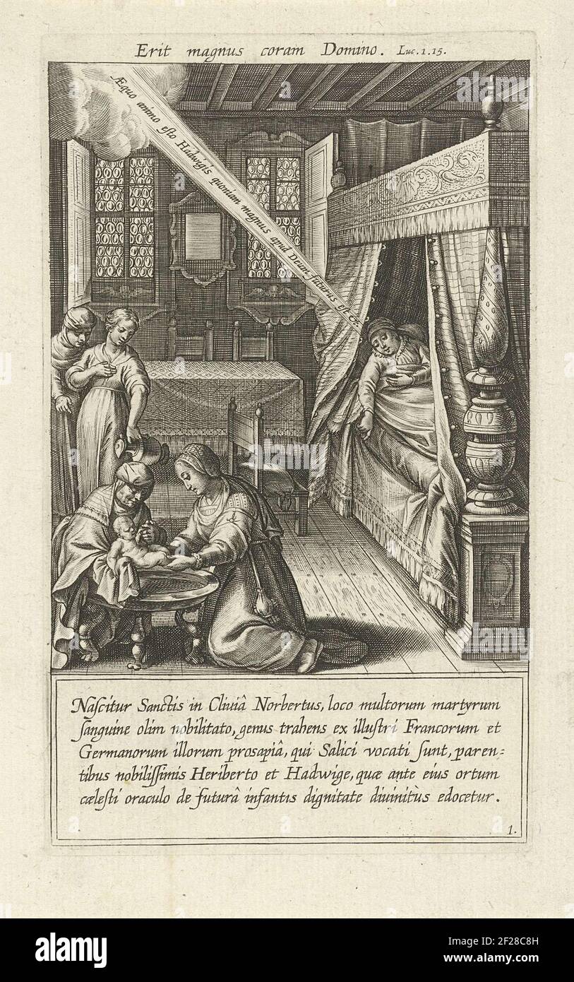 Dopo la nascita del San Norbertus, il bambino viene lavato dalle ostetriche. Nel lettino, Edvige, madre di Norbertus, ascolta la voce di Dio che la proclama che Norbertus avrà un grande futuro. La stampa ha due iscrizioni latine: Una al piano superiore e una al di sotto dello spettacolo. Foto Stock