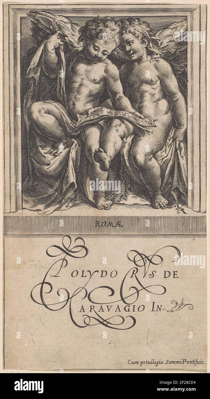 Due angeli cantanti, l'uno all'altro guardando; Angelen Concert.Two Angeli cantanti. Un angelo guarda l'altro Angelo. Sul loro scatto un libro con spartiti. Nell'Undermaster il nome del progettista in lettere decorative. Foto Stock