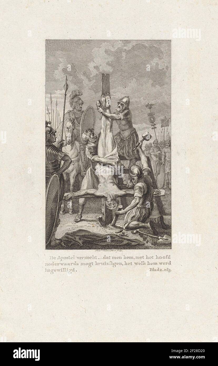 Tortura morte di Petrus sulla croce; l'apostolo chiese alla gente di attraversarlo, con il capo di Nederwaard, che gli fu concesso. I soldati Crocifiggano Pietro con il suo Capo sulla Terra, come li aveva richiesti. Foto Stock
