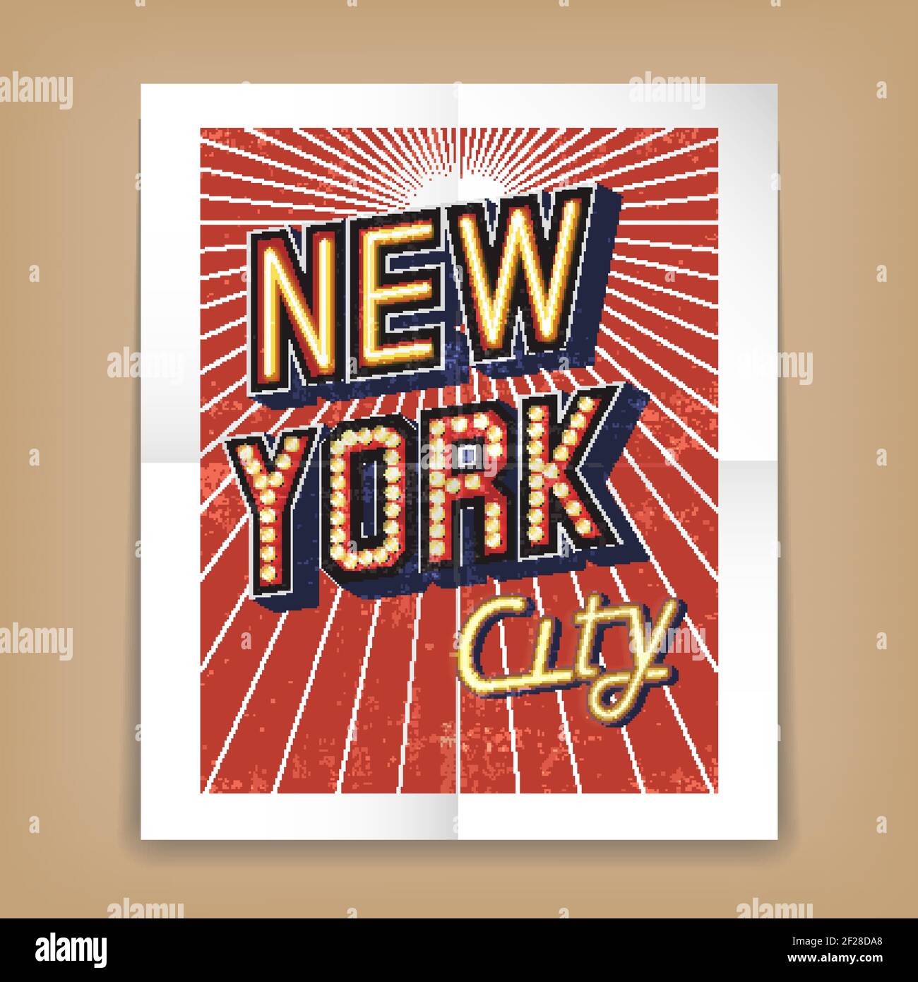 Poster Vector New York City con caratteri di testo in forma di insegne al neon o elettriche con fondo marrone di raggi irradianti un bordo bianco e creas Illustrazione Vettoriale