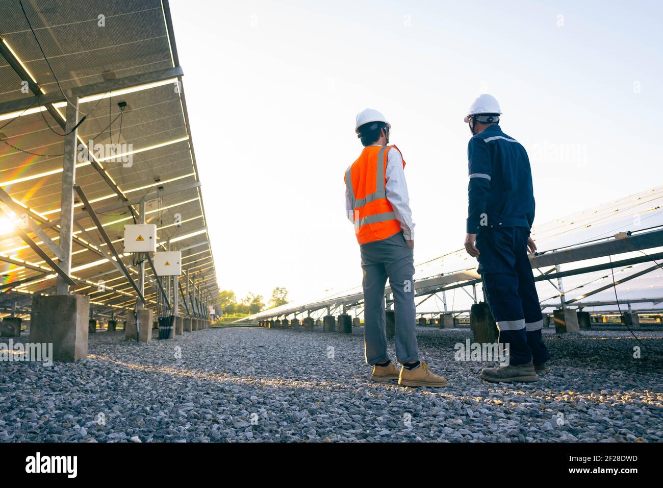 Ingegneri con investitore a piedi per controllare il funzionamento dei sistemi di fattoria solare (pannello solare), energia alternativa per conservare il mondo è energia, Photov Foto Stock