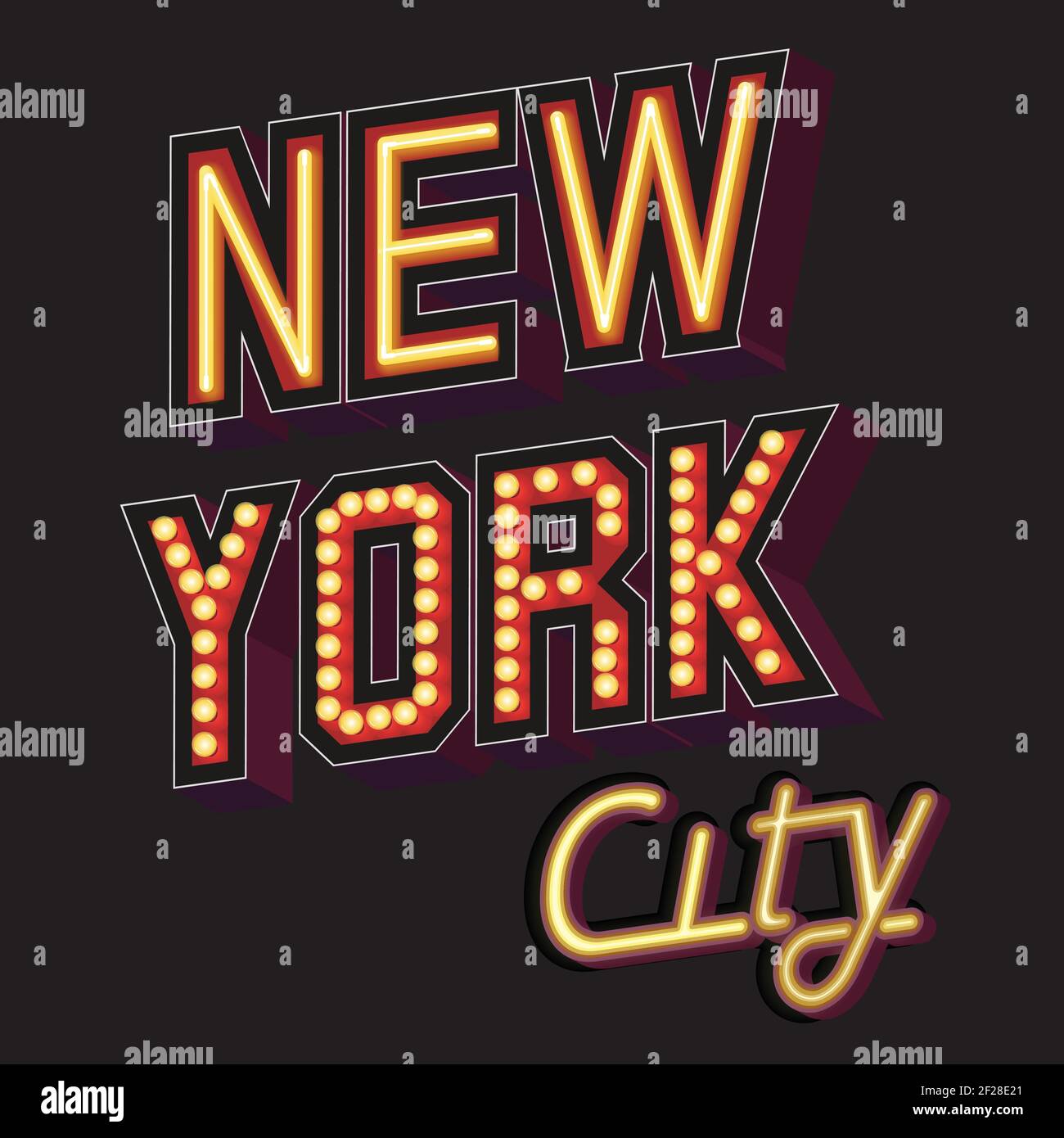 Scritta di New York City sotto forma di insegne illuminate con un effetto neon o una sequenza di lampadine individuale accesa i caratteri di sfondo scuri sono leggermente Illustrazione Vettoriale