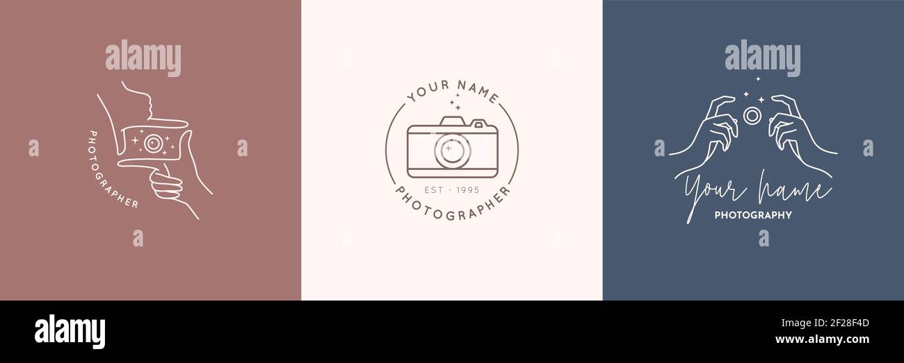 Logo lineare del fotografo. Le mani delle donne tengono l'otturatore della fotocamera. Logolo vettoriale per uno studio fotografico Illustrazione Vettoriale