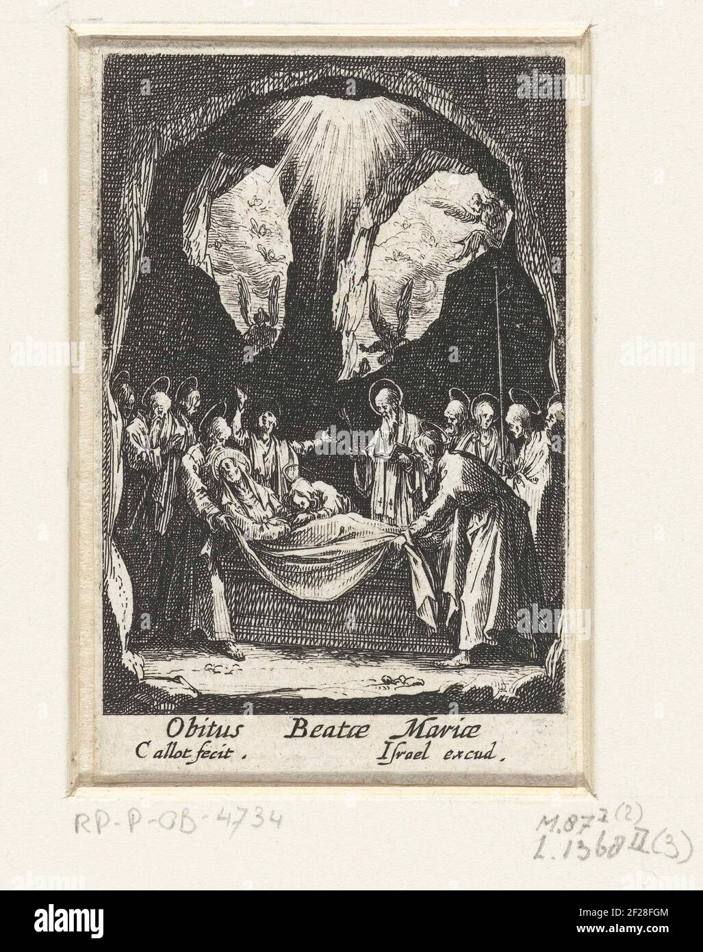 Funerali di Maria; Obiter Beatae Mariae; vita di Maria. Gli apostoli hanno messo Maria in una tomba in una grotta. Una luce celeste li bulbi. Sotto la mostra una didascalia in latino. Questa stampa fa parte di una serie di stampe sulla vita di Maria, che consistono in un titolo stampato e tredici rappresentazioni narrative. Foto Stock