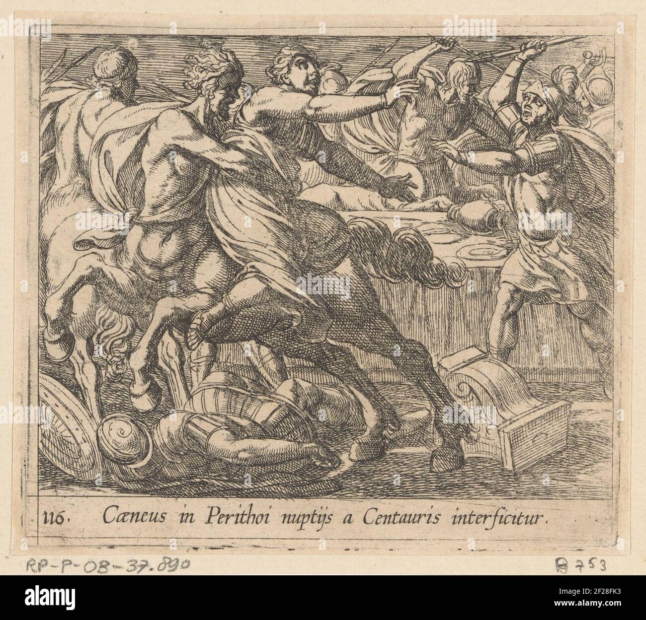 Lotta tra i Lapithen e i centauri; Ceneo in Perithoi Nupthijs A Centauris intersitur; Metamorphoseon sive Transformationum; Metamorphoses da Ovid. Avida battaglia tra i centauri e i Lapith. I Lapithen celebrano il matrimonio dei loro re piriti e hippodamea. I centauri che sono stati invitati ad avviare una sanguinosa battaglia e cercare di rapire la sposa. Titolo in latino in undermarge. Foto Stock