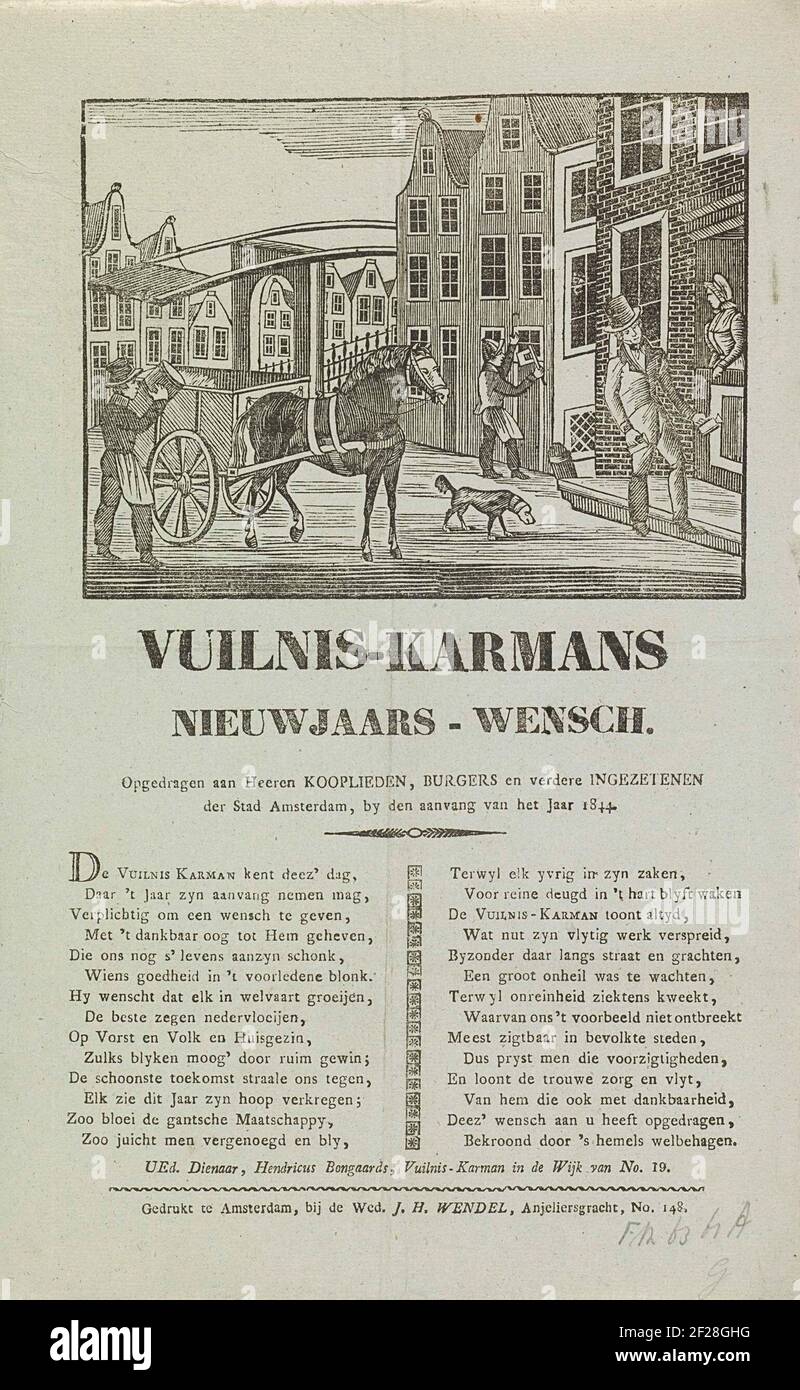 Nieuwjaarswens van de vuilnismannen van Amsterdam voor het jaar 1844; Vuilnis-karmans nieuwjaars-wensch.il desiderio di Capodanno dei raccoglitori di rifiuti di Amsterdam per l'anno 1844. Visita una strada ad Amsterdam, dove un uomo è emerso un bidone spazzatura nel carrello e un altro uomo corre con il ratchet. Un altro uomo raccoglie i soldi ad una casa. Con poema in due colonne. Del Garbage armor nel distretto DI NO 19: Hendricus Bongaards. Foto Stock