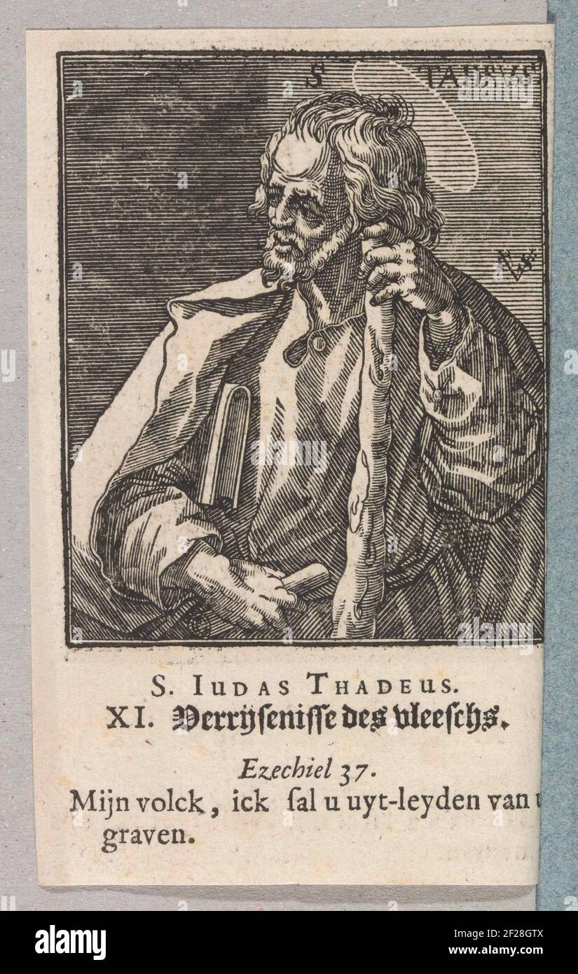 Apostel Judas Thaddeüs; S. Judas Thadeus; Christus, Maria en de twaalf apostelen. L'apostolo Judas Thaddeus con libro e club. Tra la mostra numerato XI. Inoltre, una didascalia in lingua olandese con una regola dal credo e una riga di testo da Ezechiele 37. La stampa fa parte di un album. Foto Stock