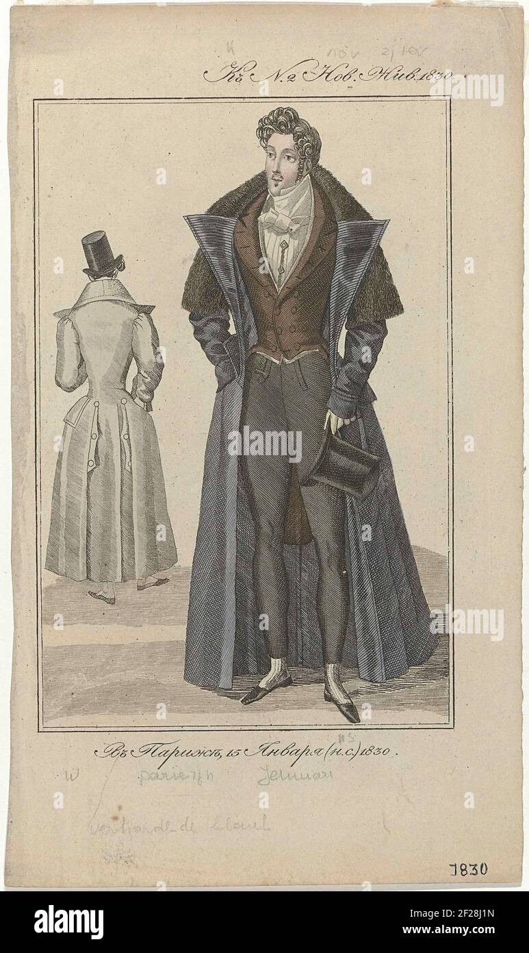 Moskovsky Telegraph, 1830, Nr. 2.giacca da uomo fino a terra, con colletto  con lappetta appuntita. Sotto un gilet, camicia con cravatta e pantaloni  stretti. Cappello in mano. Stampa dalla rivista Moskovsky Telegraph