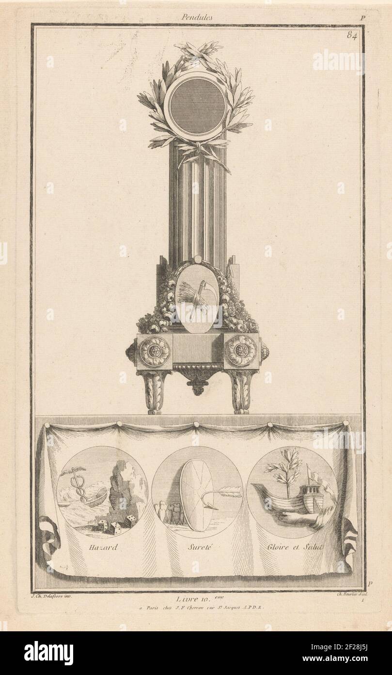 Coincidenza, sicurezza, gloria e salvezza; pericolo, Sureté, Glire et Salut. Livre 10eme; P penduishes; Nouvelle iconology Historique ou Attributs Hieroglifyques (...). Un pendolo ornato con ghirlande, rami e medaglioni. Byond questo un panno con tre medaglioni rotondi a sinistra una barca con un caduceo e tre dadi, al centro protegge un cuore scudo contro una freccia e una barca con bandiera e un ramo tenuto da una mano. Numero di stampa 84. Foto Stock