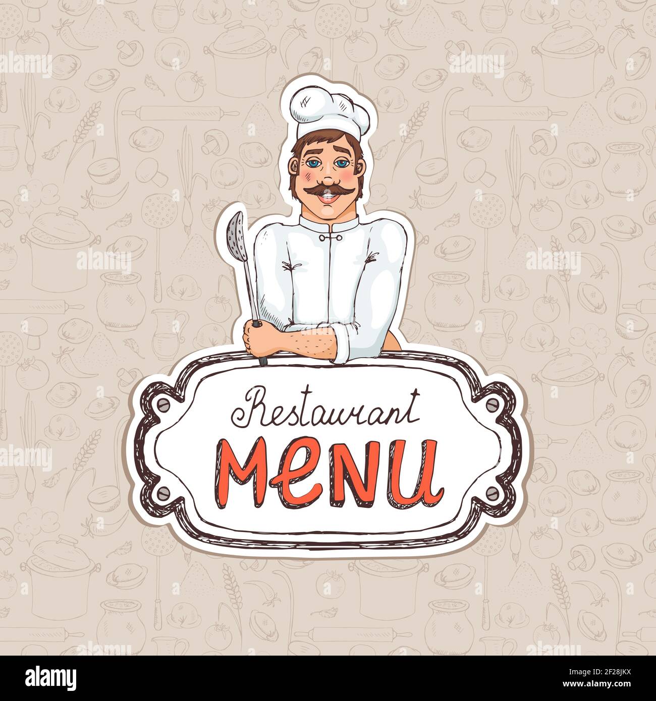 Chef Holding Spoon sul menu del ristorante Illustrazione di disegno per la copertina O Pubblicità Illustrazione Vettoriale