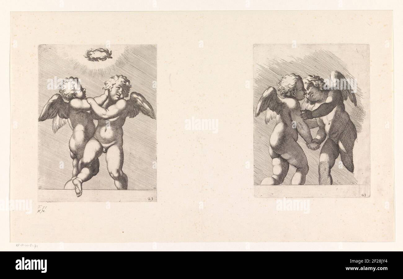 Twee putti op het punt elkaar te omhelzen / Twee vechtende putti; Schilderingen in Palazzo Farnese te Rome; Galeria nel Palazzo Farnese in Roma.Sheet con due spettacoli. A sinistra: Due putti da combattimento sotto una corona di alloro galleggiante. Destra: Due putti che stanno circa abbracciarsi l'un l'altro. La stampa apparteneva originariamente a Liber 22 dell'Atlante di Michiel Hinloopen (sembra libro 10). Foto Stock