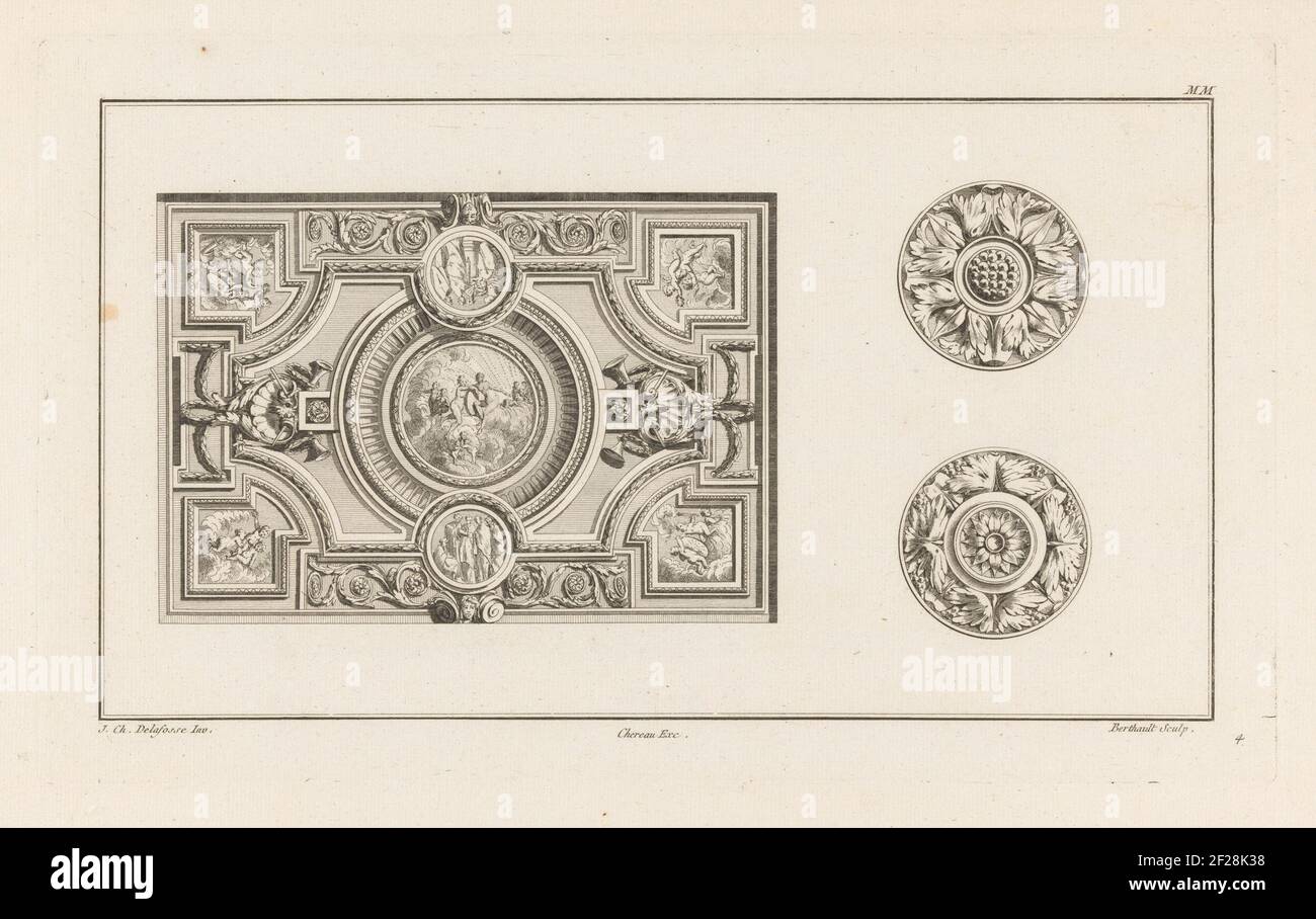 Soffitto e rosette; 36th Cahier de l'oeuvre mm cassiere i soffitti, chemineales, chapiteaux, rosaces & c; IIe Volume de l'oeuvre de J. CH. Delafosse (...). A sinistra un soffitto rettangolare ornato con putti, motivi a conchiglia e tre medaglioni rotondi con figure. Due rosette sulla destra. Foto Stock