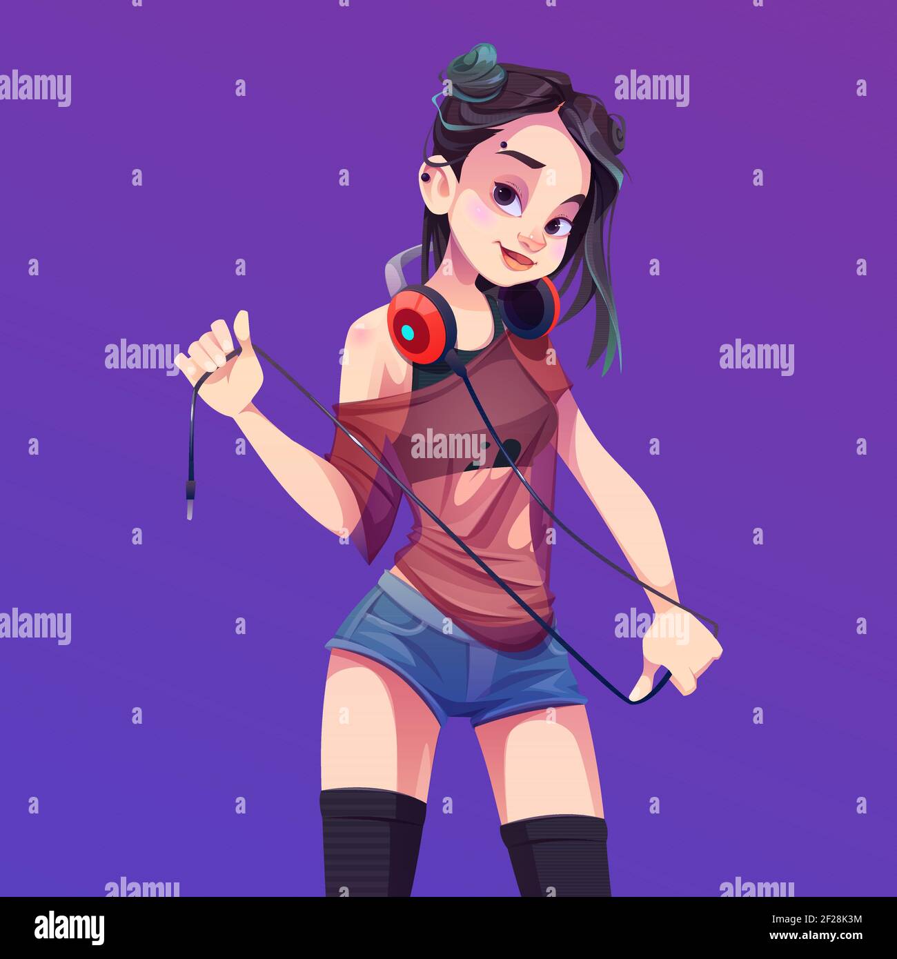 Ragazza dj che suona musica in festa, discoteca o nightclub. Giovane donna asiatica in pantaloncini con piercing sul viso. Vettore cartoon illustrazione di carino personaggio femminile, ragazza adolescente con cuffie Illustrazione Vettoriale