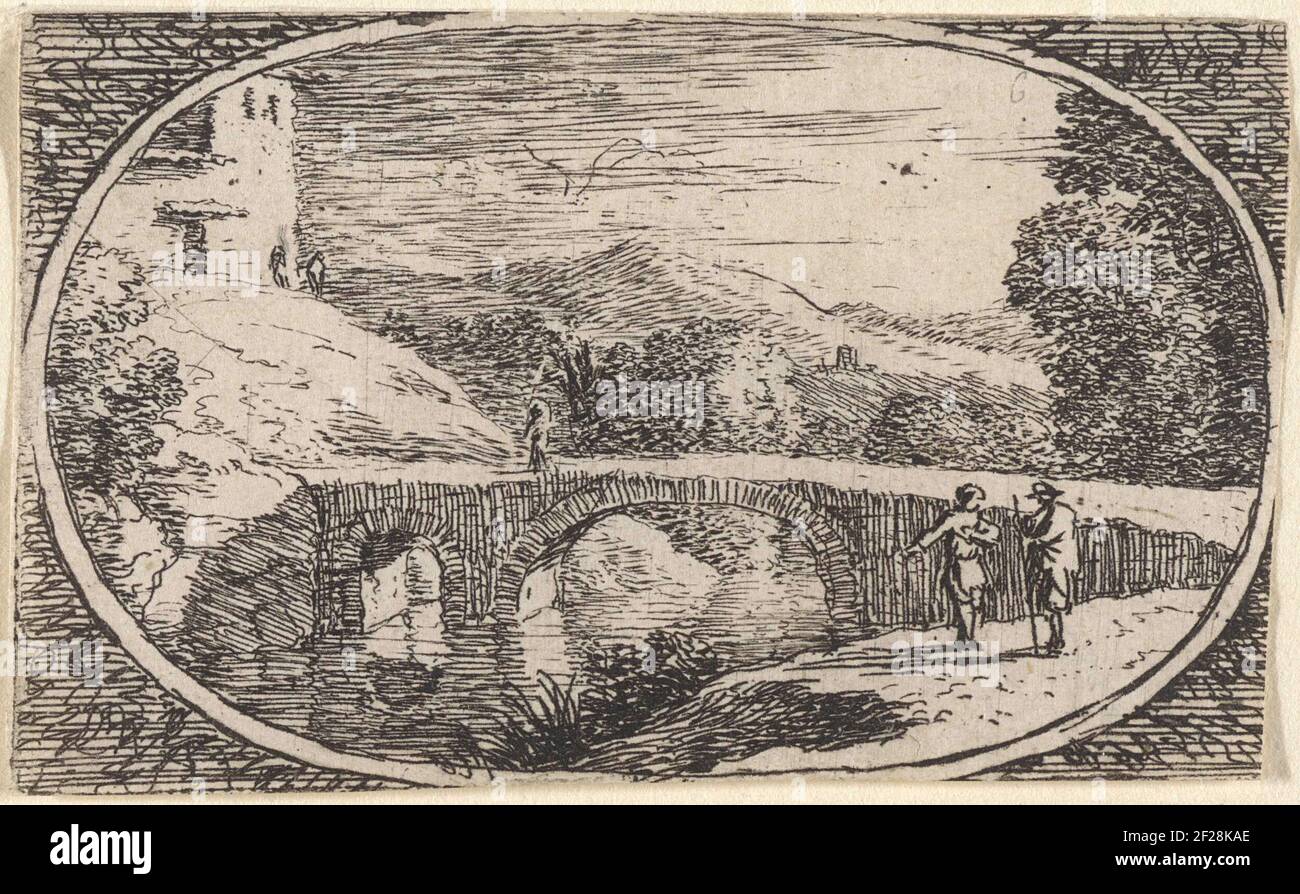 Wandelaars bij een stenen brug; Ovale fantasielandschappen; Variae campestru fantasiae a Hermano van Suanevelt invent et in lucem edita (...).in una cornice ovale ci sono due figure con un ponte di arco in pietra sopra un fiume. Un'altra figura sta attraversando il ponte. E' presente un edificio su di una collina dall'altra parte della strada. Foto Stock