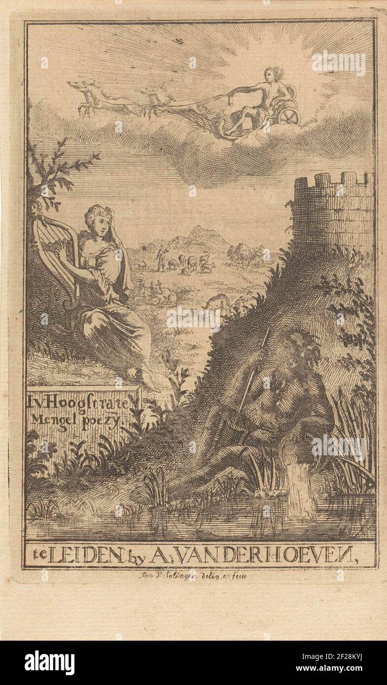 Spettacolo allegorico con un dio fluviale e una musa; pagina del titolo incisa per: Jan van Hoogstraten, follow-up o Encore il Mengelpozy più lavestissimo, 1732.; Mengel Poesy.spettacolo allegorico con un Dio fluviale e una musa in un paesaggio arcadico con un castello su una collina. Sopra che Apollo guida nella sua automobile. Su un muro il titolo e l'autore del libro, in fondo alla Colophon. Foto Stock