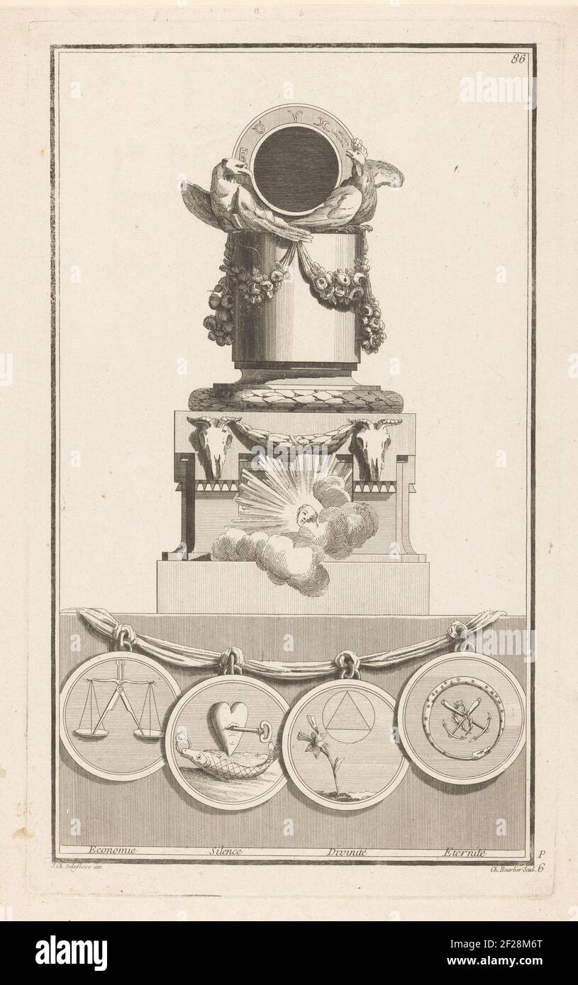 Economia, silenzio, divinità e eternità; Economia, silenzio, Divinité, Eternité; P penduishes; Nouvelle iconology historique ou attributs hieroglifyques (...). Un pendolo ornato con teschi di bovini, un volto con travi, ghirlande, un'aquila, un pollo e segni dello zodiaco. Sotto c'è un nastro con quattro medaglioni rotondi, a sinistra con una scala, in aggiunta con un pesce con un anello e un cuore con una chiave, come terzo un fiore accanto ad un triangolo in un cerchio e sulla destra il tubo ourobouros. Numero di stampa 86. Foto Stock