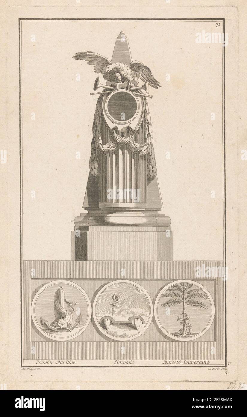 Marine, simpatia e maestà sovrana; Panvoir Maritine, Simpation, Majesté Souveraine; penduishes; Nouvelle iconology Historique ou Attributs Hierogliphyques (...). Un pendolo ornato con ghirlande e un'aquila sulle trombe. Sotto tre medaglioni rotondi, a sinistra con un'ancora e un delfino, al centro con un girasole e cuori e a destra una palma. Numero di stampa 71. Foto Stock