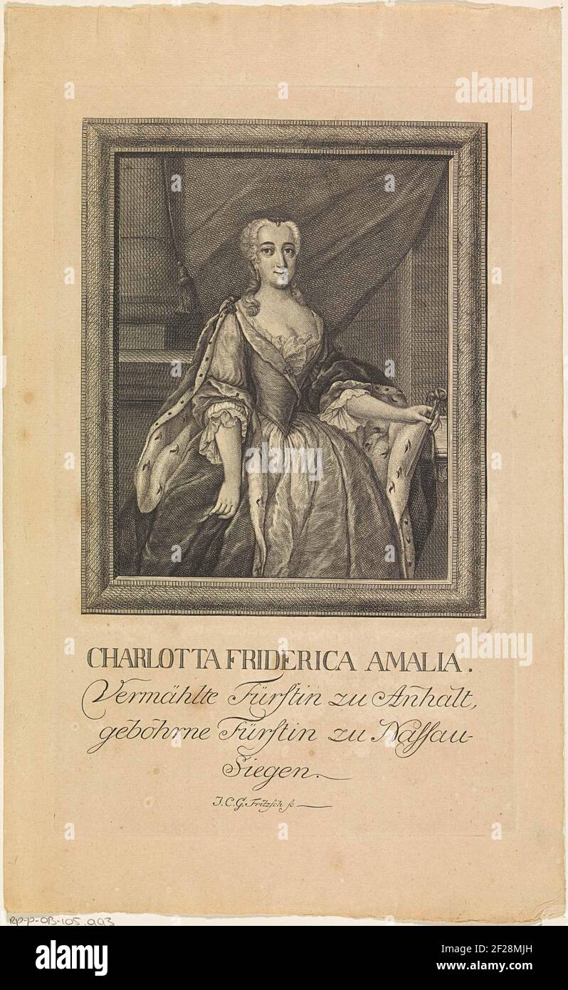 Portret van Charlotte Frederika van Nassau-Siegen.Ritratto di Charlotte Frederika in un rettangolo ornato. Nel undermaster il suo nome e titoli. Foto Stock