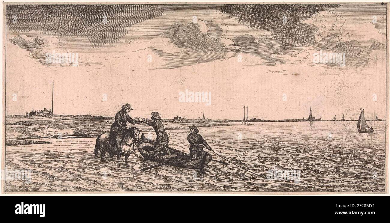 Ricezione di posta da un postino a cavallo; Postcard.A Postman a cavallo Wades attraverso l'acqua e riceve posta da due uomini in una barca di canottaggio. Foto Stock