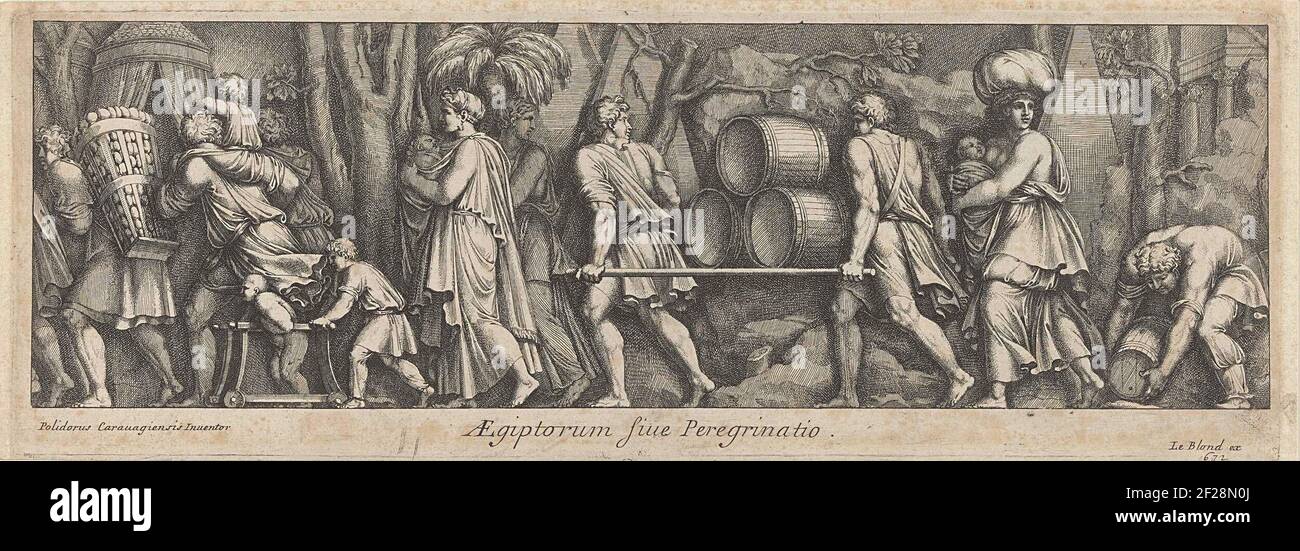 Processione di uomini, donne e bambini; Aegiptorum sive Peregrinato; arrivo degli Etruschi in Lazio (copie). Processione di uomini, donne e bambini con merci a piedi a sinistra. Piramidi sullo sfondo. Foto Stock