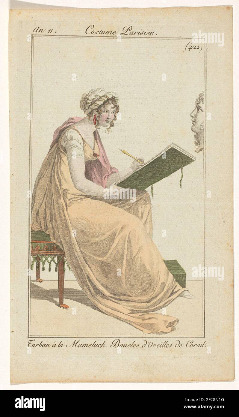 Giovane donna con turbante turco e orecchini di corallo; Turban à la Mameluck. Boucles d'Oreilles de corail.Young Donna con Mammeluk o Turbano Turco e Orecchini di Corallo, seduto disegno. Stampa tratta dalla rivista di moda Journal Des Laden et des Modes, Costume Parisien, AN 11 [1802-1803], n. 422. Foto Stock