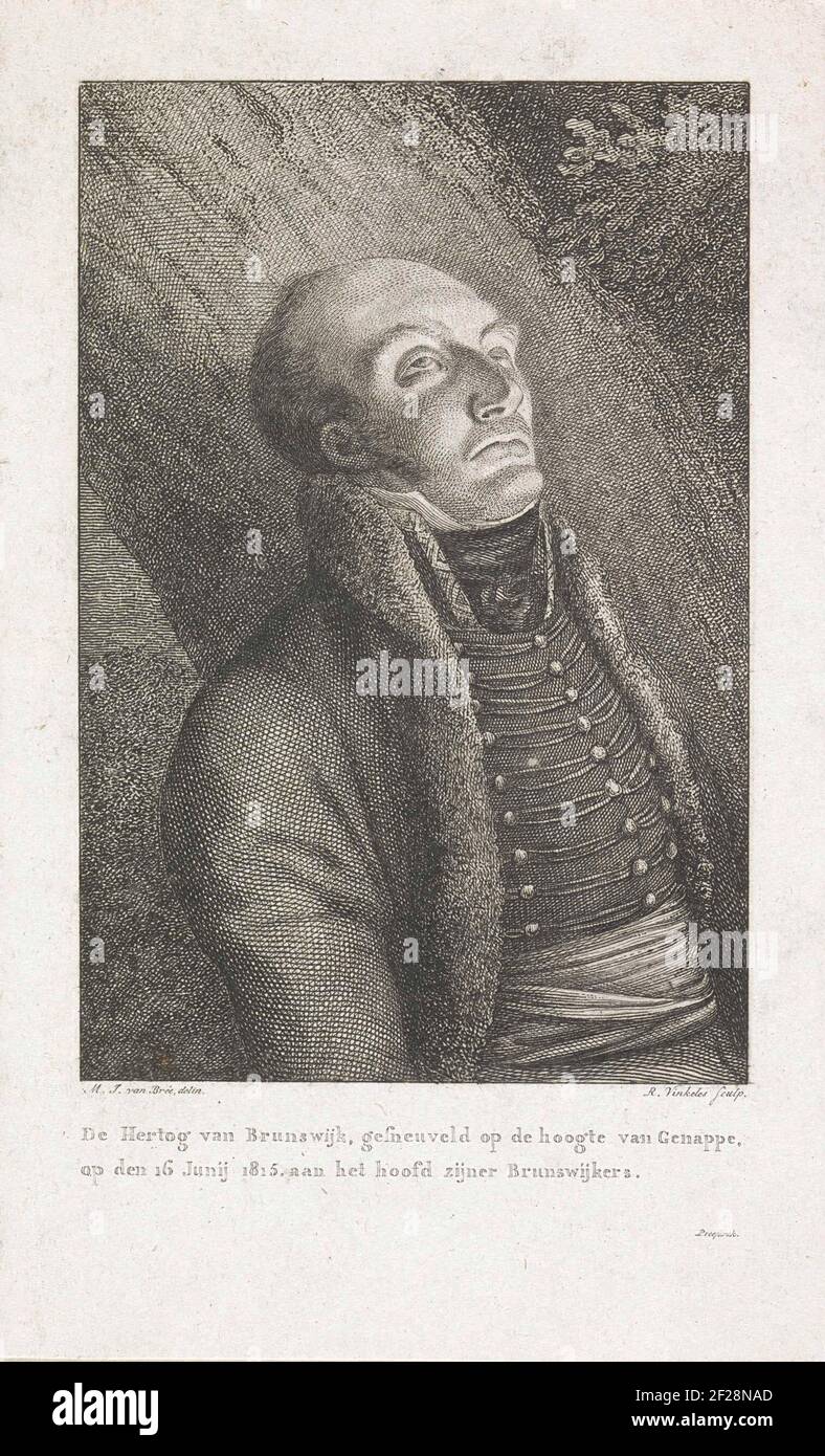 Il caduto Frederik Willem van Brunswijk, 1815; il duca di Brunswijk, ucciso nell'altezza di Genappe, op den 16 giugno 1815, alla testa dei suoi brunswijkers.il falene Frederik Willem, duca di Brunswijk-Lüneburg-Oels, ucciso durante la battaglia di Quatre-Bras il 16 giugno 1815 . Parte di un gruppo di illustrazioni di Eventi intorno e durante le battaglie a Quatre-Bras e Waterloo, 16-18 giugno 1815. Foto Stock