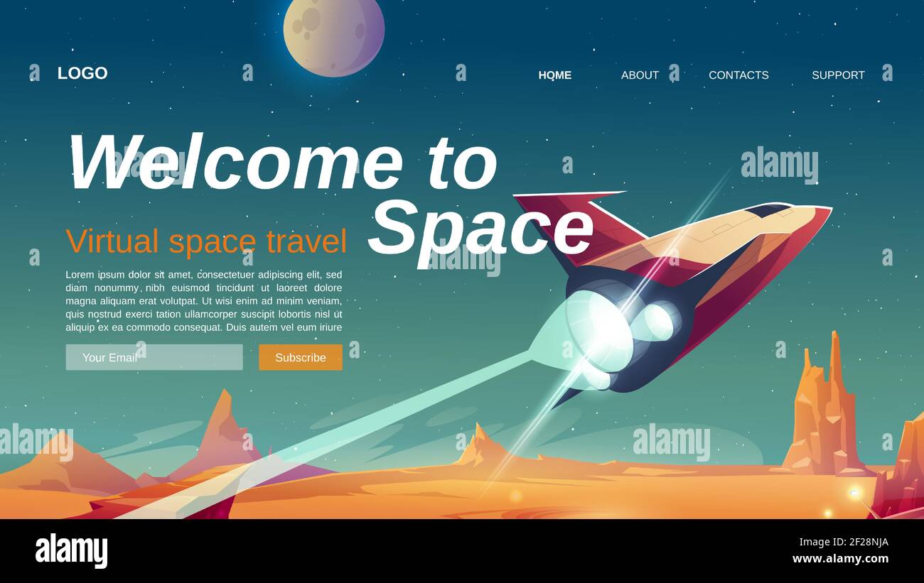 Benvenuto alla pagina di atterraggio dei cartoni animati dello spazio con l'astronave take off alien planet surface. Viaggio virtuale nell'universo, galassia Esplora la tecnologia formativa futuristica, la pubblicità cosmica, il banner web vettoriale Illustrazione Vettoriale