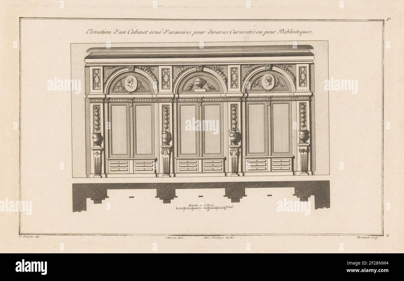Pannelli con tre armadi; Elevation d'un cabinet orné d'armoires pour diverses curiosités ou pour library; P Wallbreakings. Progettazione e mappa di una pannellatura a parete con tre armadi con cassetti in basso. Tra gli armadi si trovano vasi su piedistallo, sopra pannelli rotondi con medaglioni e vaso. Foto Stock