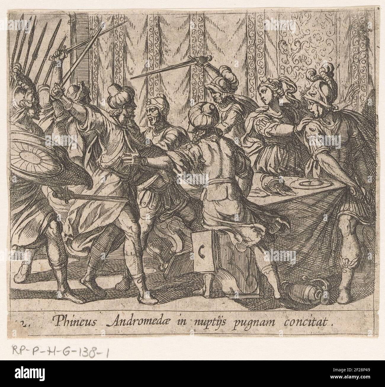 Phineus disturba le nozze di Perseo e Andromeda; Phineus Andromedae a Nuptijs Pugnam Concitat; Metamorphoseon sive Transformationum; Metamorphoses da Ovidio. La festa nuziale di Perseo e Andromeda è disturbata da Fineo e dai suoi soldati. Titolo in latino in undermarge. Foto Stock