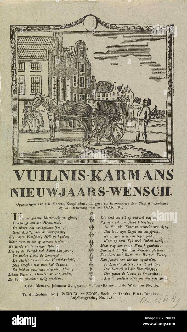 Nieuwjaarswens van de vuilnismannen van Amsterdam voor het jaar 1837; Vuilnis-karmans nieuwjaars-wensch.il desiderio di Capodanno della spazzatura di Amsterdam si raccoglie per l'anno 1837. Vista in una strada di Amsterdam dove un uomo crea la sporcizia dalla strada e un altro uomo corre con il cricchetto. Altri due uomini ottengono i soldi ad una casa. Con poema in due colonne. Del Garbage armor nel distretto NO di No. 19: Johannes Bongaards. Foto Stock