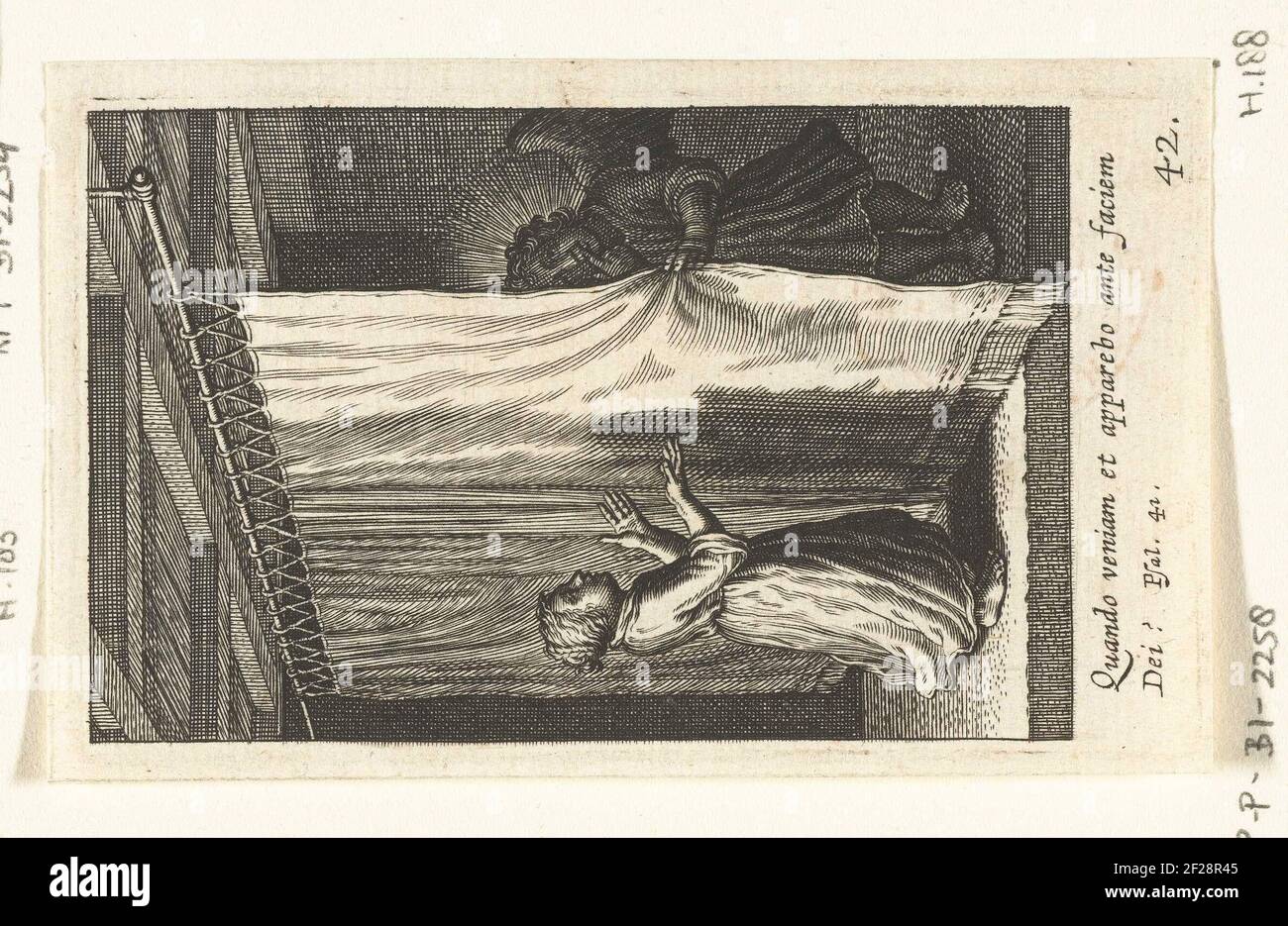 Bambino sta per tenda dietro la quale un angelo si nasconde; Pia desiderio .. Foto Stock