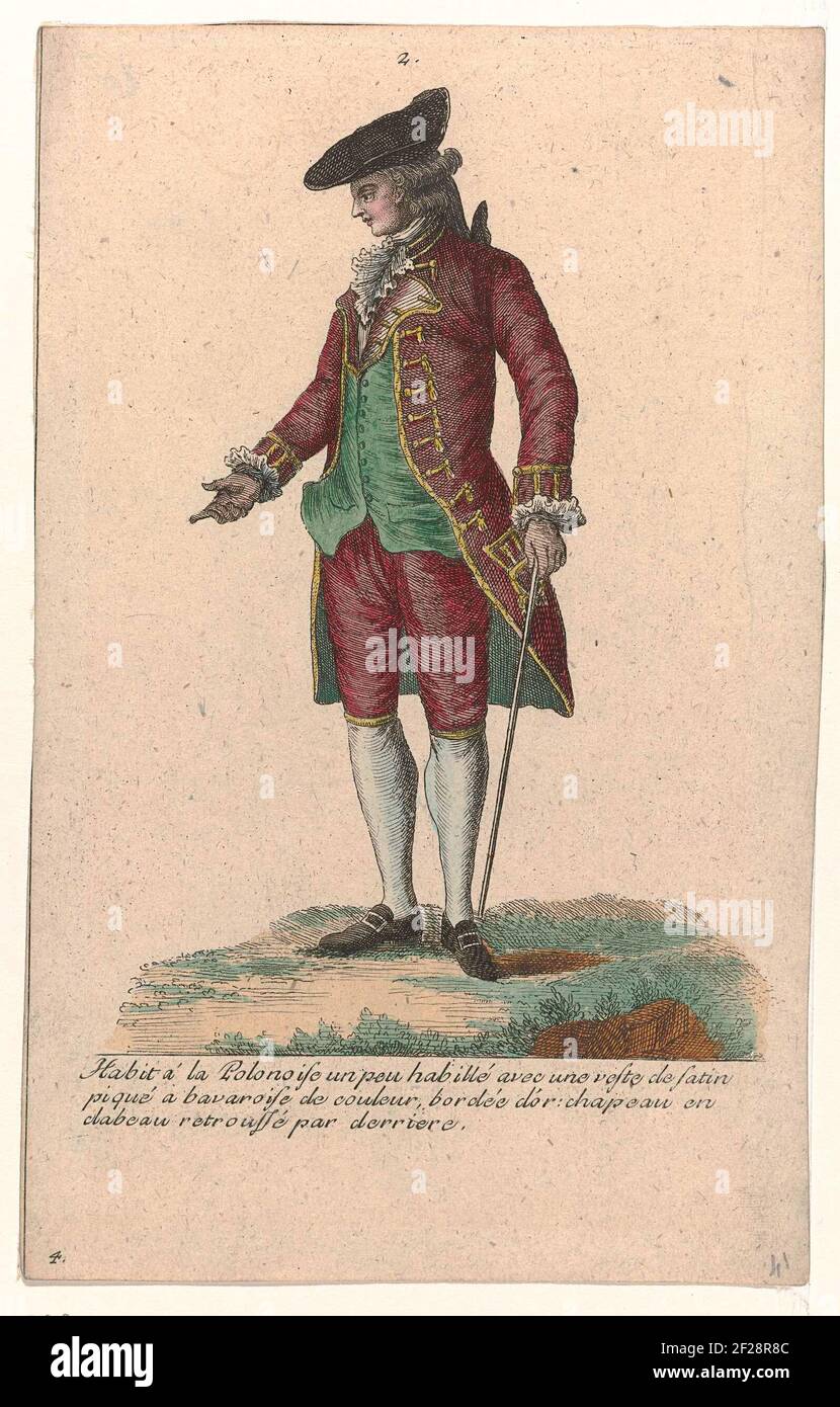 Galleria di modi e costumi francesi, 1785, Nr. 2, Nr. 4, Kopie naar T 110: Les Polonois (...). Uomo in piedi vestito in un 'abitudine al polacco', depositato con oro Galon (?). Gilet di 'Satin Piqué' e pantaloni al ginocchio. Sulla testa UN "cappello a la Vaague", con un bordo rialzato sul retro. Jabot e bracciali stropicciati. Altri accessori: Fazzoletto, bastone da passeggio, scarpe con fibbie quadrate. Copy to T 110 from Series T. 19th Cahier des Costums French, 13th Suite of fashion vestiti dal 1776, Gallery Modes e costumi francesi. Foto Stock