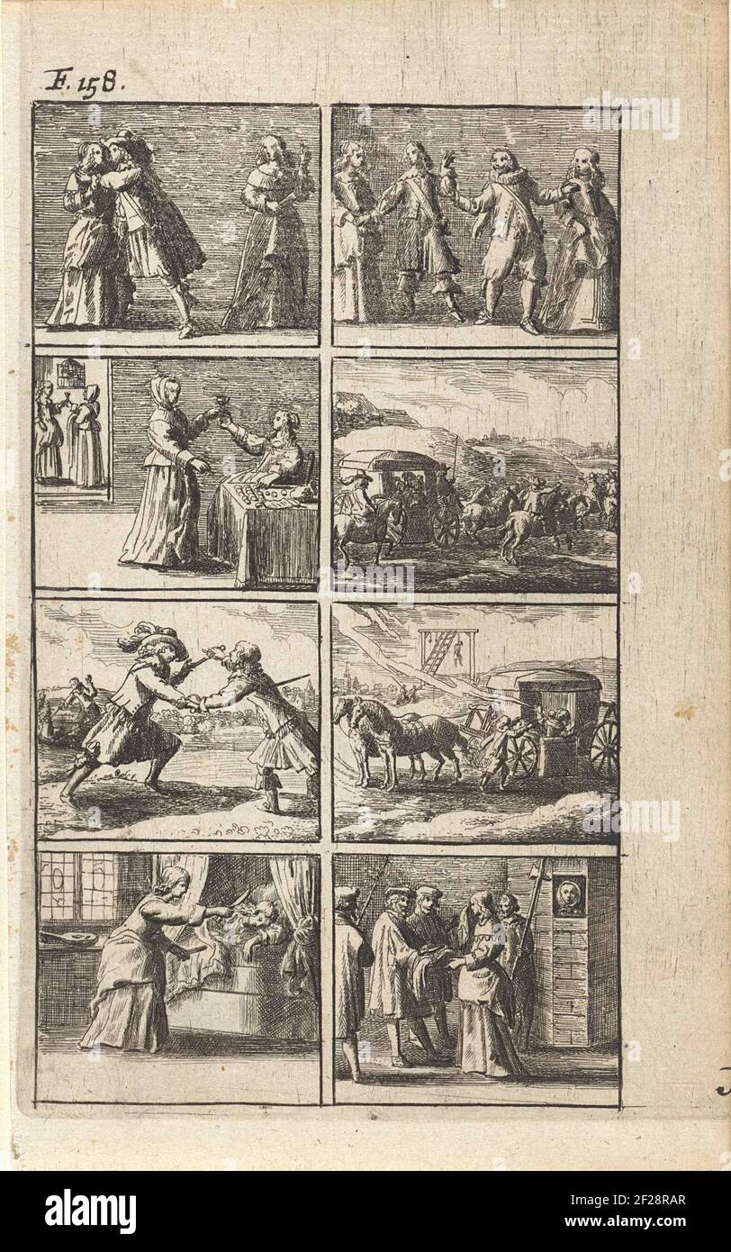 Verhaal met voorstellingen van moord en doodstraf (F. 158.).Storia in otto scene con alcune rappresentazioni di omicidio e pena di morte. Tra le altre cose, una lotta con la spada, un fulmine in carrozza e una rappresentazione di una donna che sta per abbattere una persona che dormiva. In alto a sinistra: F. 158. Foto Stock