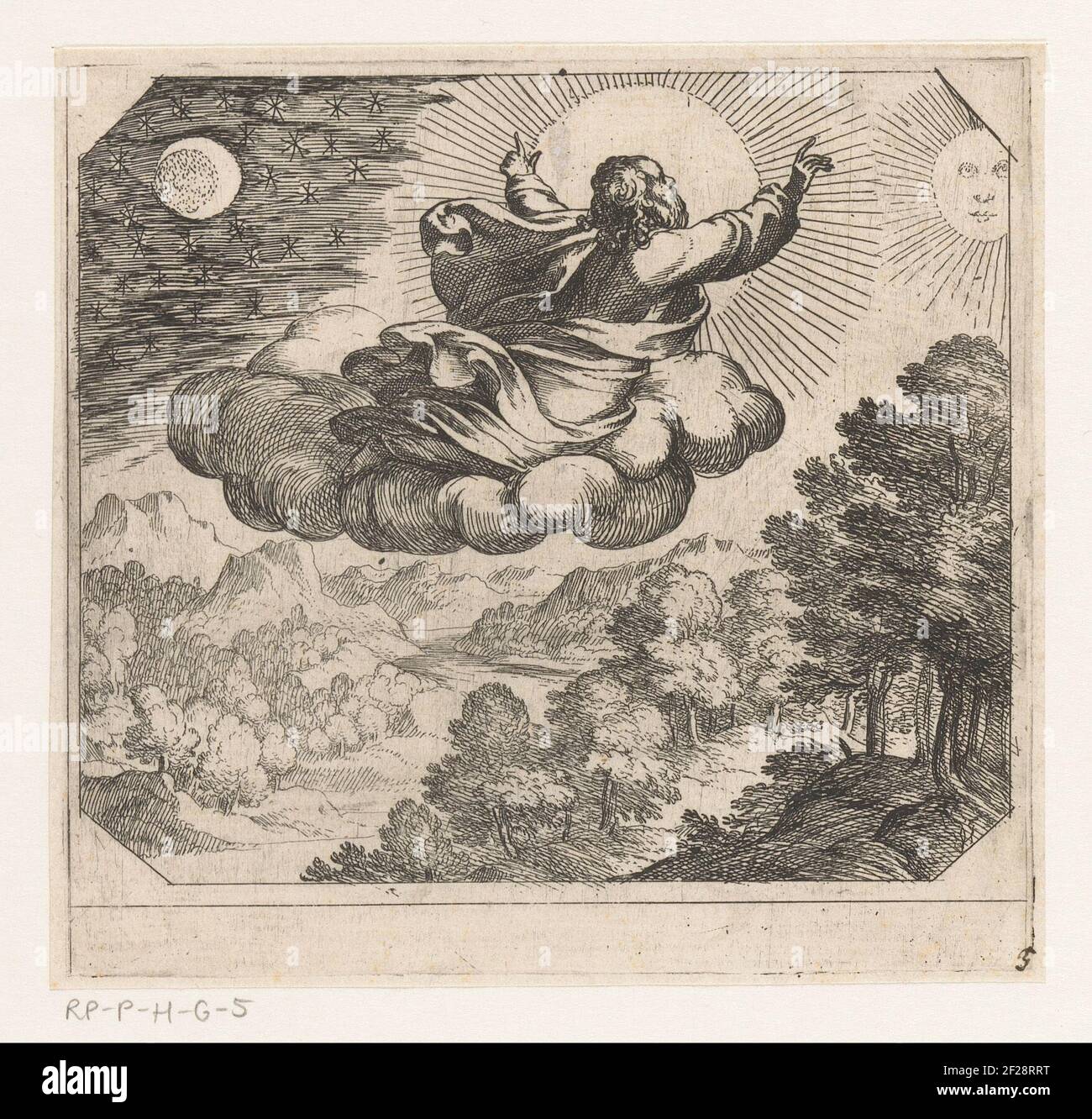 Dio crea il sole, la luna e le stelle; la creazione. Dio padre, visto sulla schiena, galleggia su una nuvola sopra un paesaggio. Crea il sole, la luna e le stelle. Foto Stock