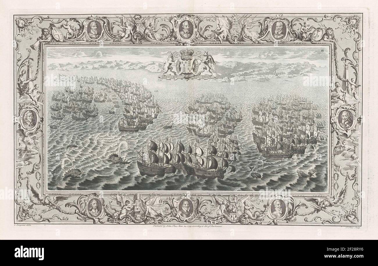 Reproductie van een wandtapijt over de Spaanse Armada (21 juli). Flotta inglese e spagnola nel canale sotto la costa della Cornovaglia e del Devon con lo stemma della regina inglese Elisabetta I. È catturato in un bordo ornamentale con otto ritratti di comandanti della flotta inglese. Al centro sopra il ritratto di Charles Howard, Signore Alto Ammiraglio e Comandante della flotta inglese contro l'Armada spagnola. Su e giù tra i ritratti shipbags con lance e striscioni e fiancheggiata da Putti. Soffiano su un bazing o su una conchiglia, drumming, scrittura ecc. ha lasciato a. Foto Stock