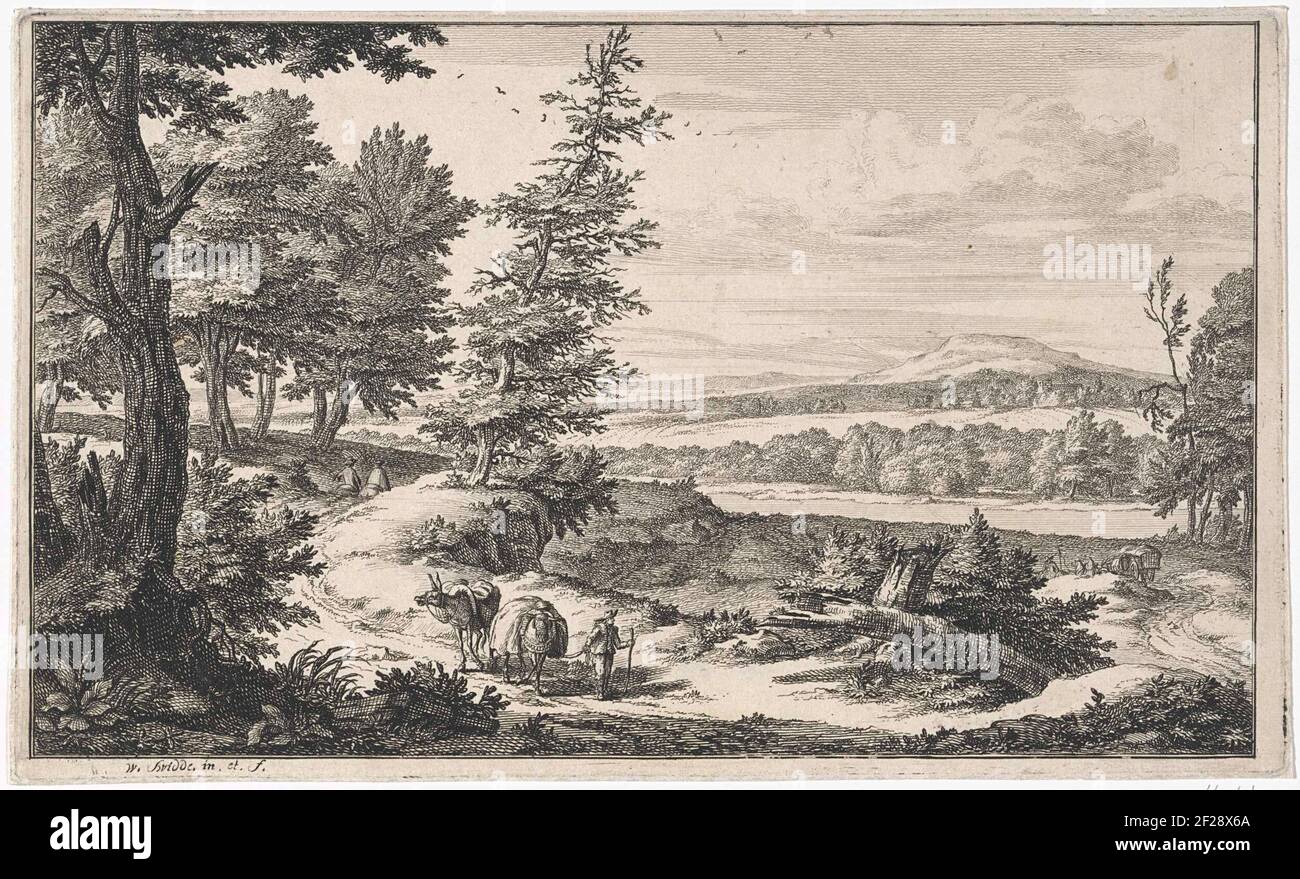 Landschap incontrato een uomo incontrato twee ezels.A uomo conduce due asini imballati lungo un percorso su una collina boscosa. Più avanti sulla strada un carro trainato da cavalli. Sull'altro lato della strada due piloti. Foto Stock