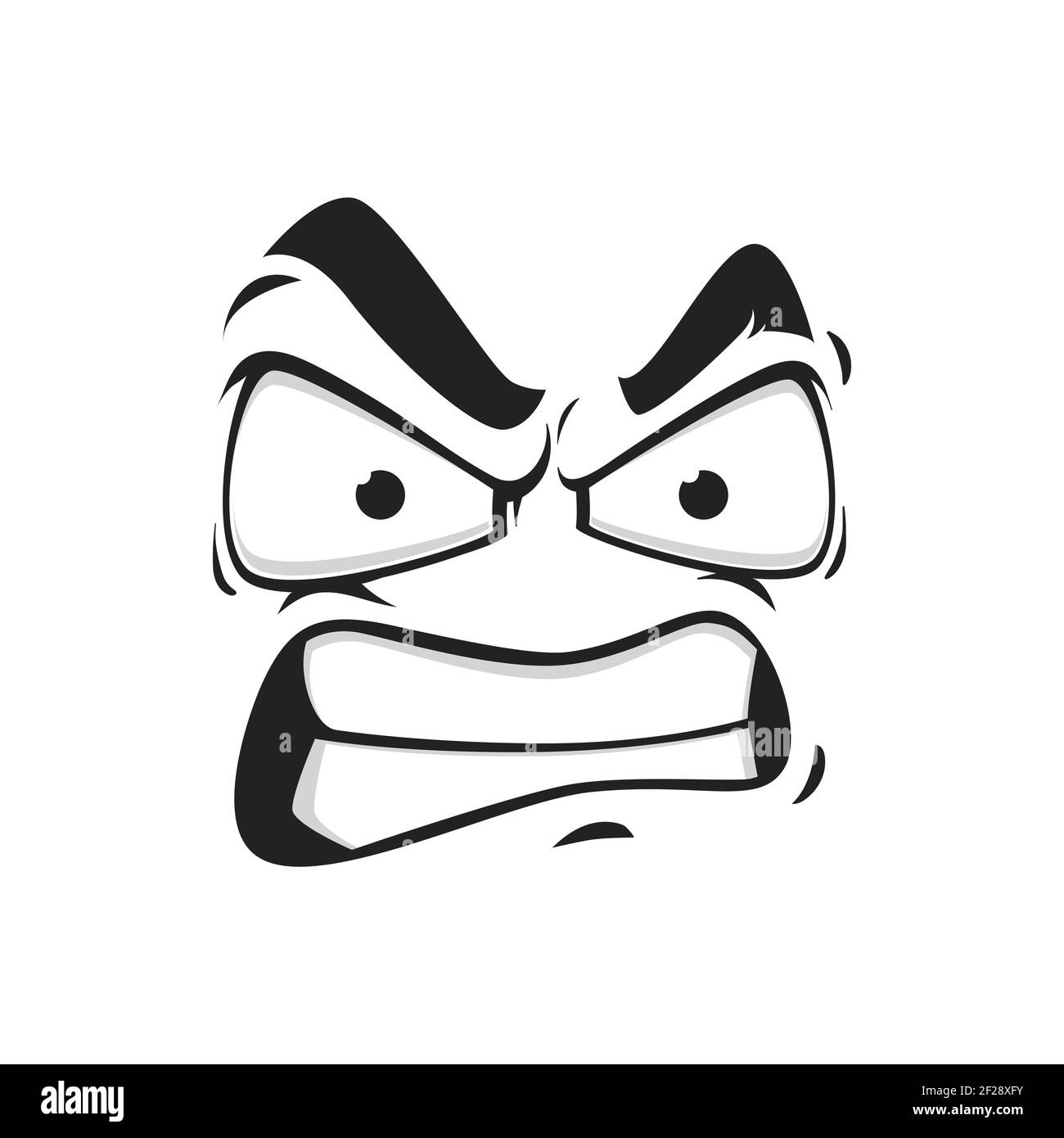 Icona vettoriale del volto del cartone animato, emoji con occhi arrabbiati e denti di gnash. Espressione facciale negativa, sensazioni arrabbiate, faccia comica con bocca toothy isolata sopra Illustrazione Vettoriale