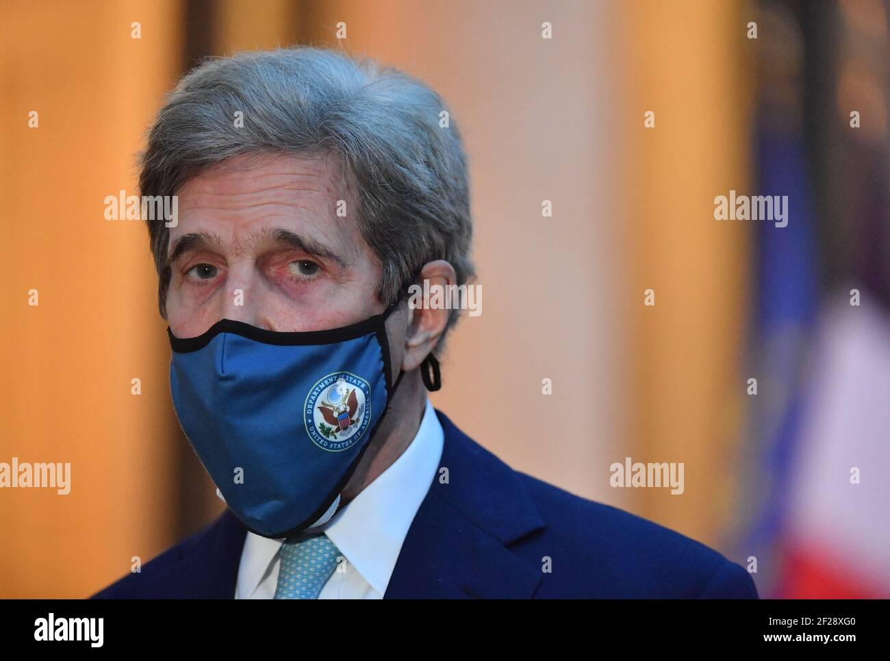 L'inviato speciale presidenziale AMERICANO per il clima John Kerry arriva per un incontro con il presidente francese al palazzo presidenziale Elysee a Parigi, Francia, il 10 marzo 2021. Foto di Christian Liegi/ABACAPRESS.COM Foto Stock