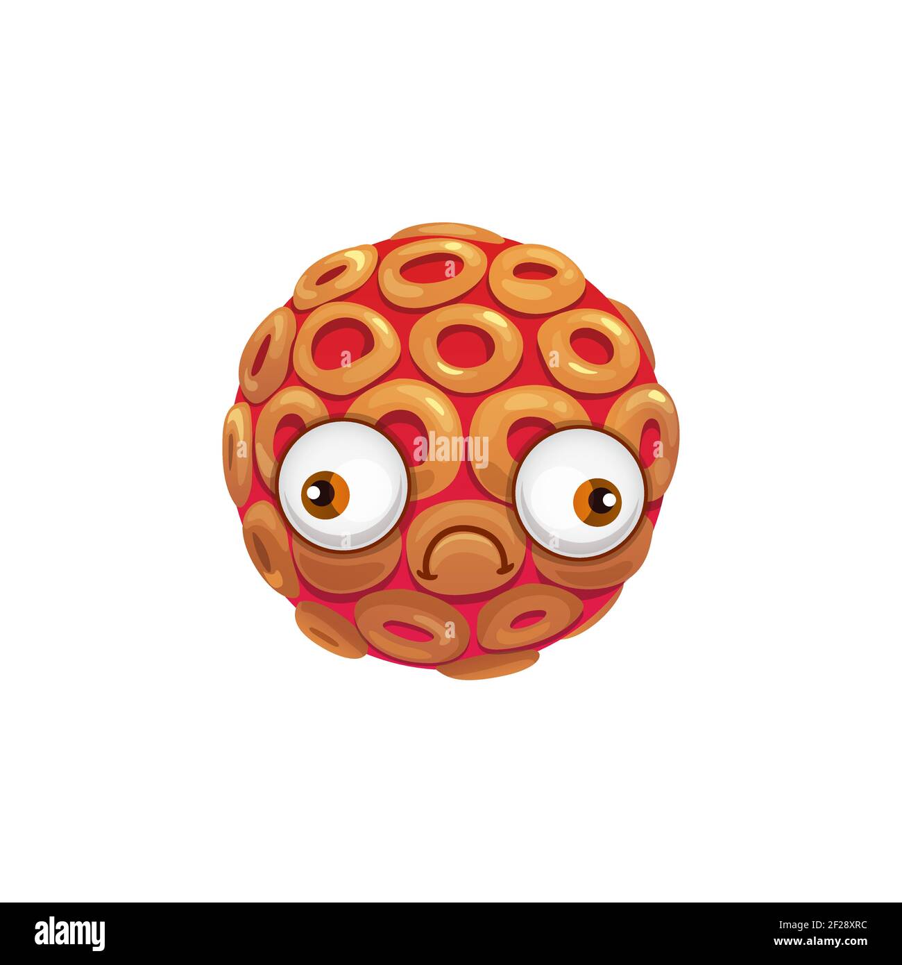 Icona del vettore cellulare del virus del cartone animato, batteri divertenti o carattere germinale con faccia triste infelice. Microbo patogeno, a forma di monster ball con occhi di goggle grandi, iso Illustrazione Vettoriale