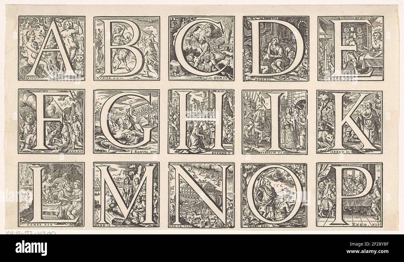 Alfabeto in una cornice con rappresentazioni dell'Antico Testamento.Alfabeto in una cornice con rappresentazioni di Storie dell'Antico Testamento, tra cui Adamo ed Eva in Paradiso, Davide e Golia, Arca di Noè e il sacrificio di Isacco. Foto Stock