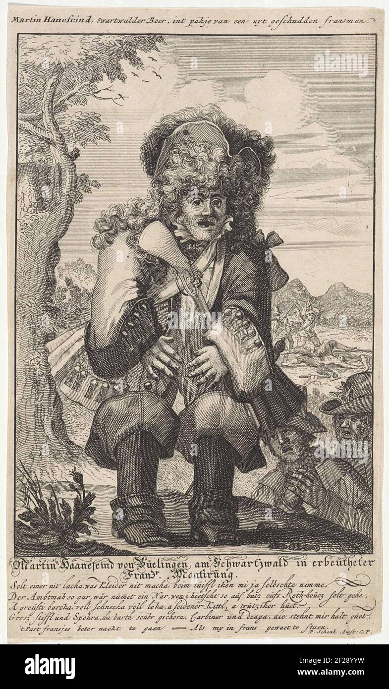 Martin Hannefeind; Martin Hanefeind, Swartwalder Boer, int pakje van een uyt geschudden fransman.The agricoltore immaginario di nome Martin Haanefeind in una divisa francese è avvicinato da due uomini. Sullo sfondo si può vedere come tre agricoltori uccidono due uomini. Foto Stock