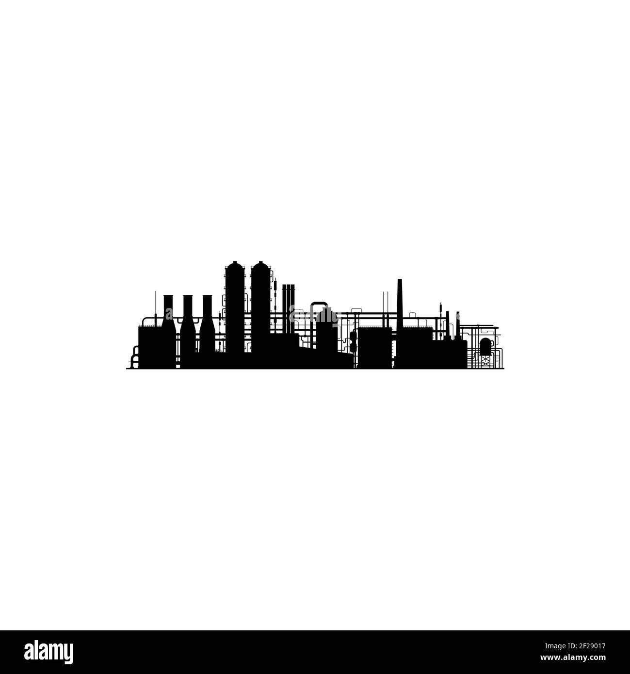 Icona isolata silhouette di fabbrica chimica. Progettazione di impianti industriali e tecnologici vettoriali. Raffineria di condutture vettoriali, impianti industriali di combustibile o benzina Illustrazione Vettoriale