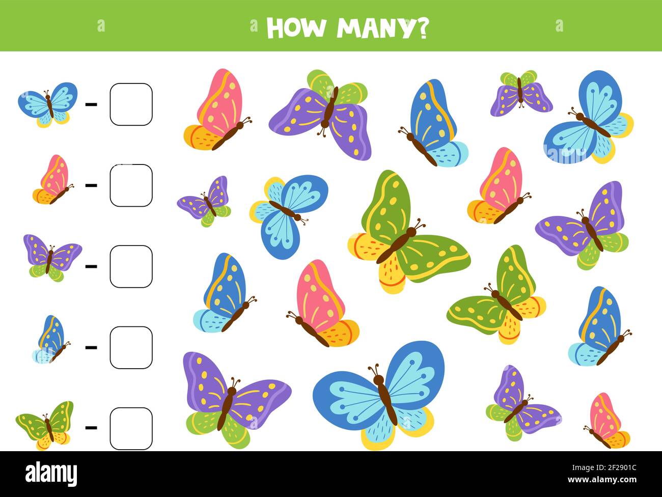 Conta tutte le farfalle e scrivi il numero nella casella. Gioco di  matematica per bambini Immagine e Vettoriale - Alamy