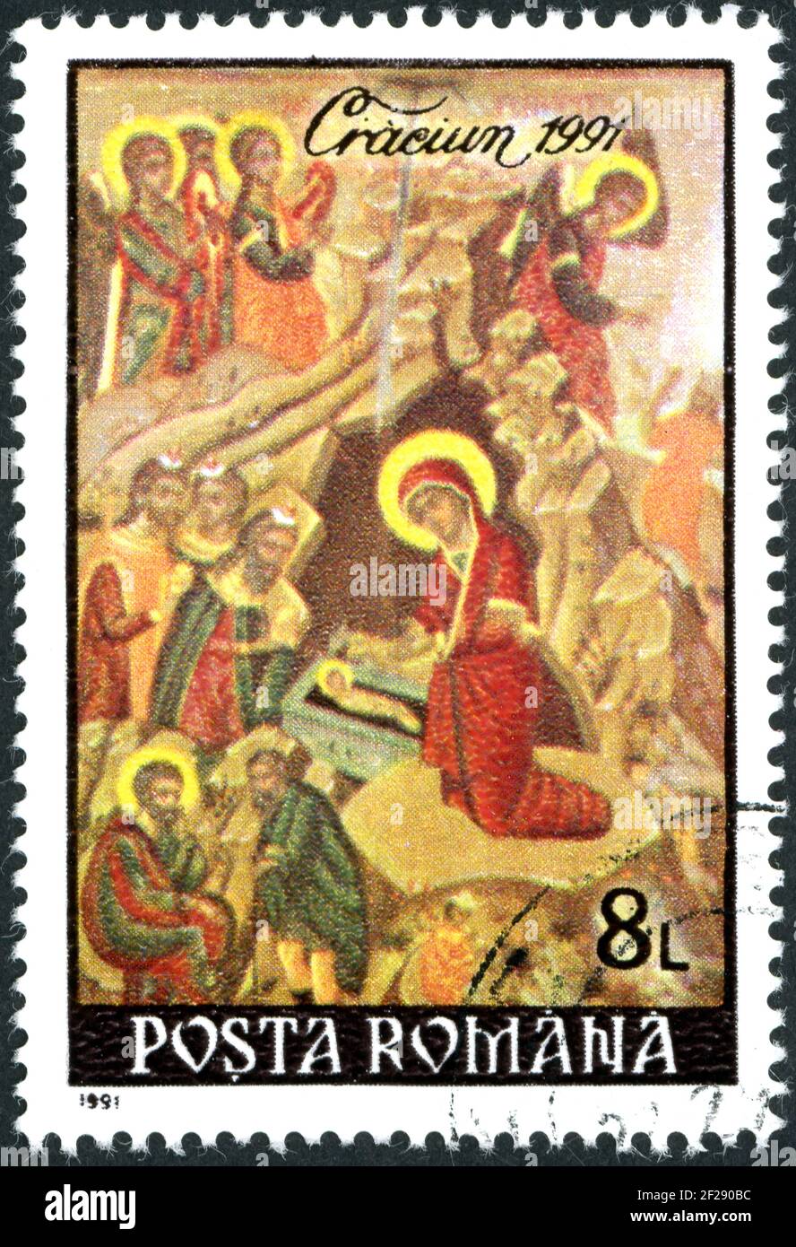ROMANIA - CIRCA 1991: Un francobollo stampato in Romania, edizione natalizia, mostra la Natività, circa 1991 Foto Stock